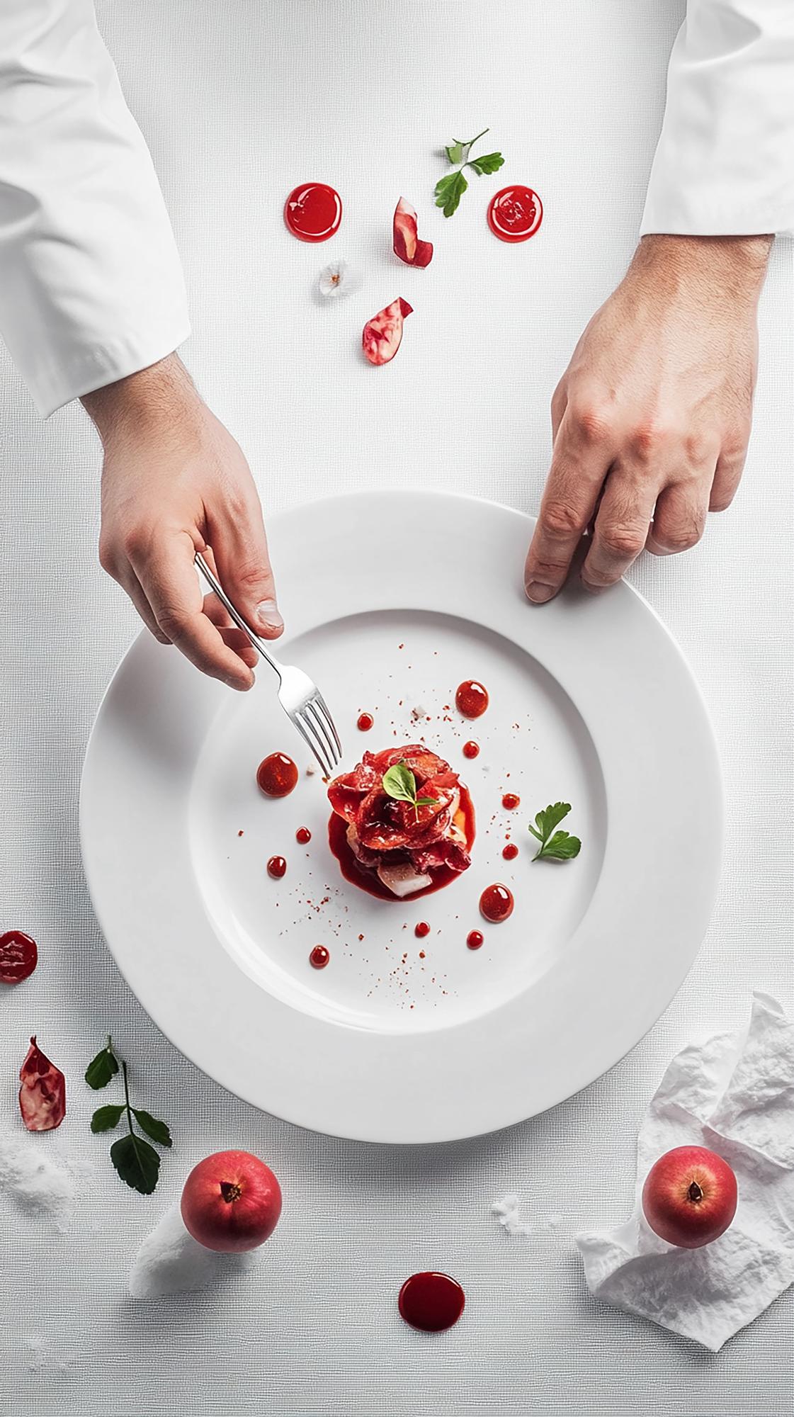 Chef preparing plated dish in luxury kitchen